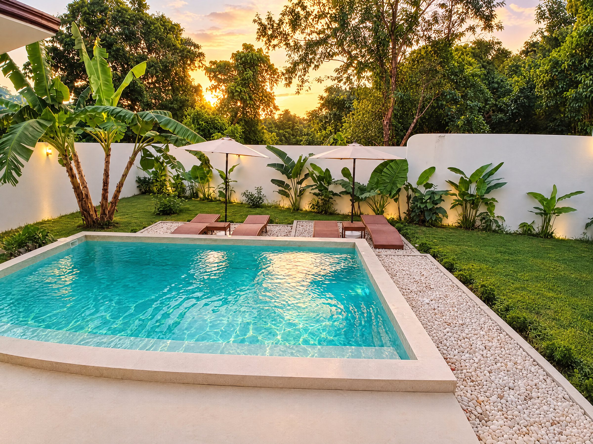 The garden pool at golden hour
